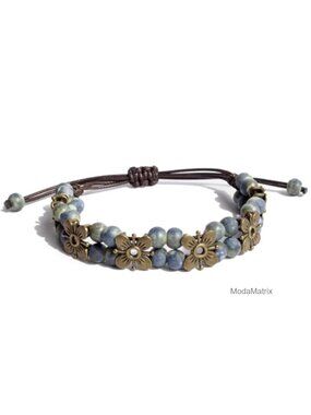 Boho Ceramic Bead Bracelet with Copper Charm, Adjustable Strand Jewelry